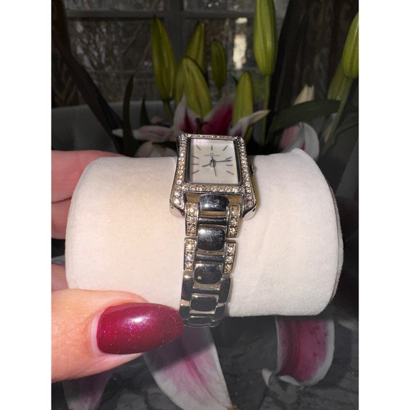 Anne Klein Womens Rectangular Mother of Pearl Dial Crystal Watch Silver‎ Tone - Picture 4 of 12